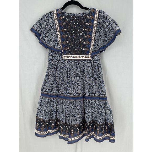 Sea New York Dress Womens XS Navy Blue Mini Tiered Paisley Floral Ruffle Ivette - Picture 3 of 9